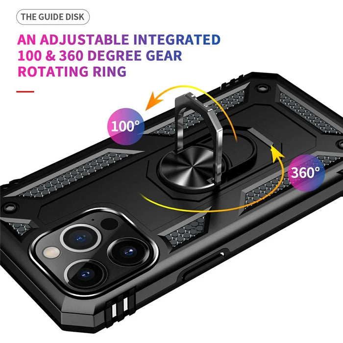 Military Grade PC TPU Shockproof Protection Case for iPhone 13 Pro Max 6.7 inch with Car Mount Rotary Ring Kickstand - Black - 5