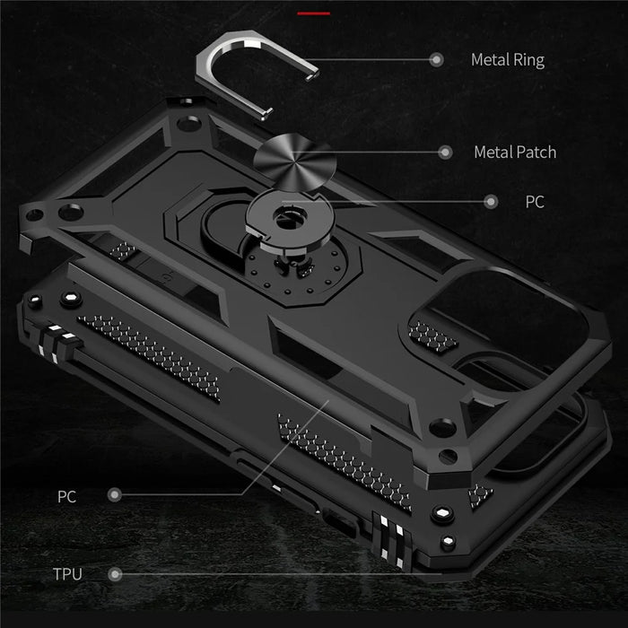 Military Grade PC TPU Shockproof Protection Case for iPhone 13 Pro Max 6.7 inch with Car Mount Rotary Ring Kickstand - Black - 6