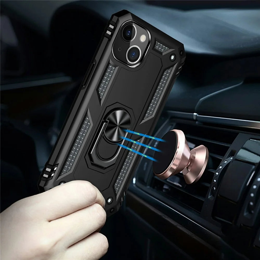 Car Mount Rotary Ring Kickstand Military Grade PC TPU Combo Case Shockproof Cover for iPhone 13 6.1 inch - Black - 3