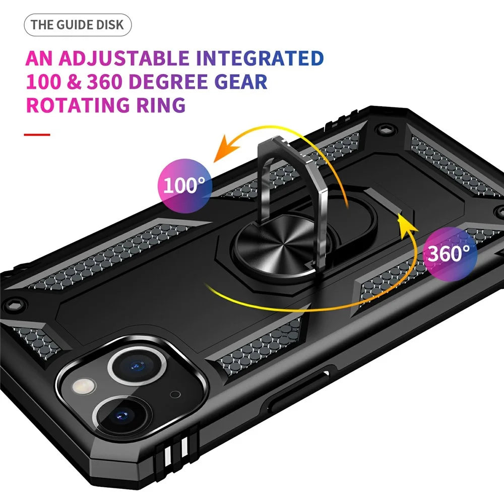 Car Mount Rotary Ring Kickstand Military Grade PC TPU Combo Case Shockproof Cover for iPhone 13 6.1 inch - Black - 5
