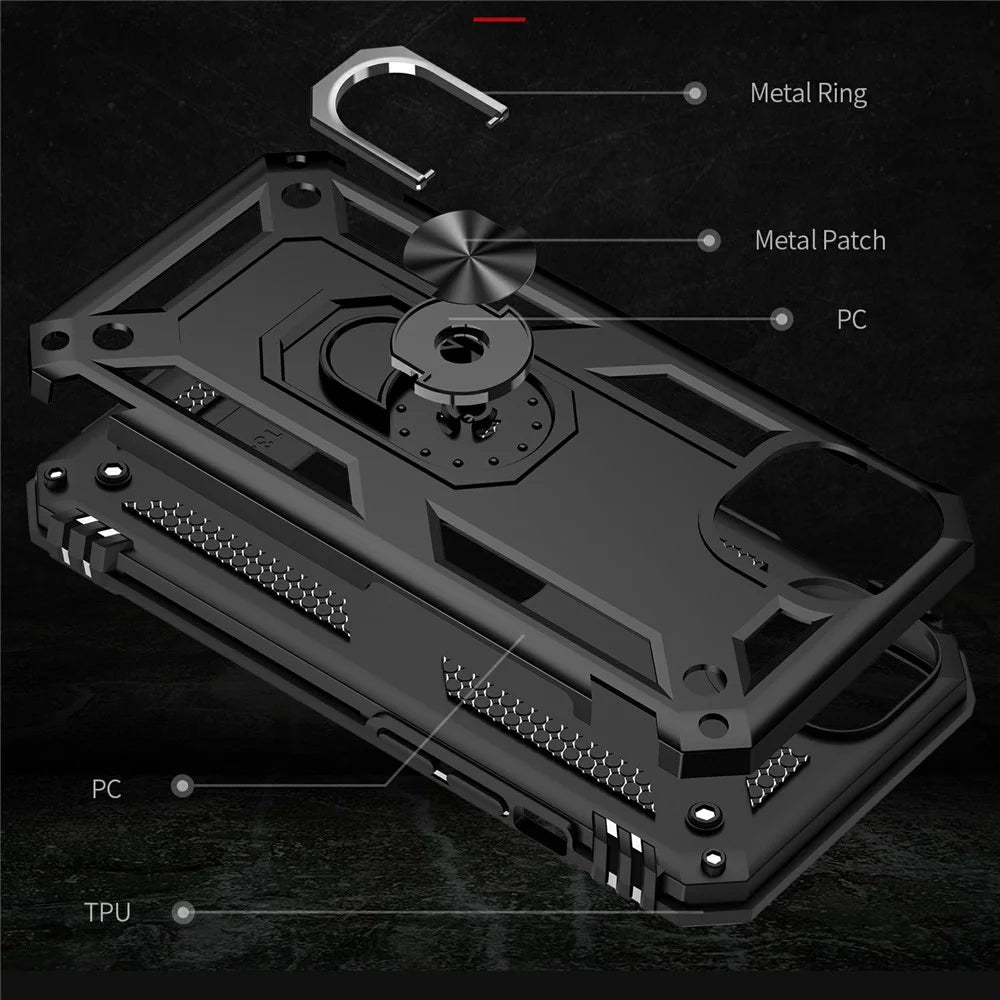 Car Mount Rotary Ring Kickstand Military Grade PC TPU Combo Case Shockproof Cover for iPhone 13 6.1 inch - Black - 6