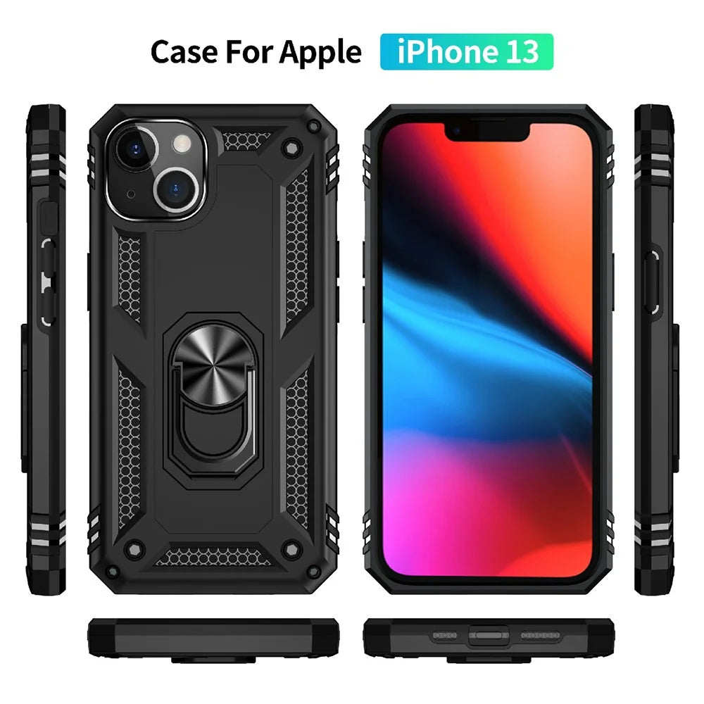 Car Mount Rotary Ring Kickstand Military Grade PC TPU Combo Case Shockproof Cover for iPhone 13 6.1 inch - Black - 7