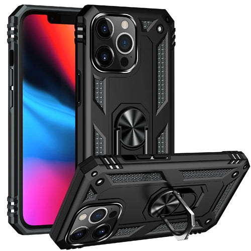 Military Grade PC TPU Shockproof Hybrid Cover for iPhone 13 Pro 6.1 inch with Rotary Ring Car Mount Kickstand - Black - 1