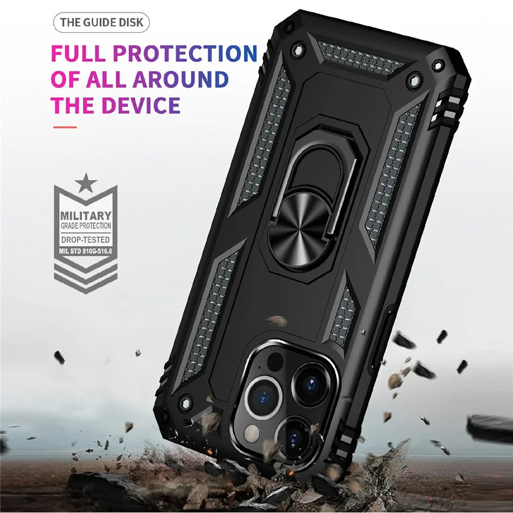 Military Grade PC TPU Shockproof Hybrid Cover for iPhone 13 Pro 6.1 inch with Rotary Ring Car Mount Kickstand - Black - 4