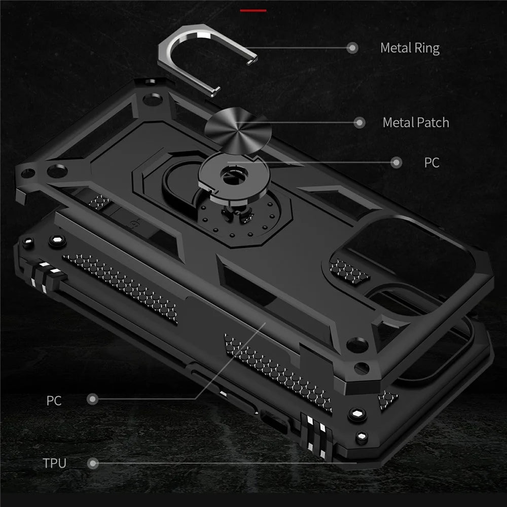 Military Grade PC TPU Shockproof Hybrid Cover for iPhone 13 Pro 6.1 inch with Rotary Ring Car Mount Kickstand - Black - 6