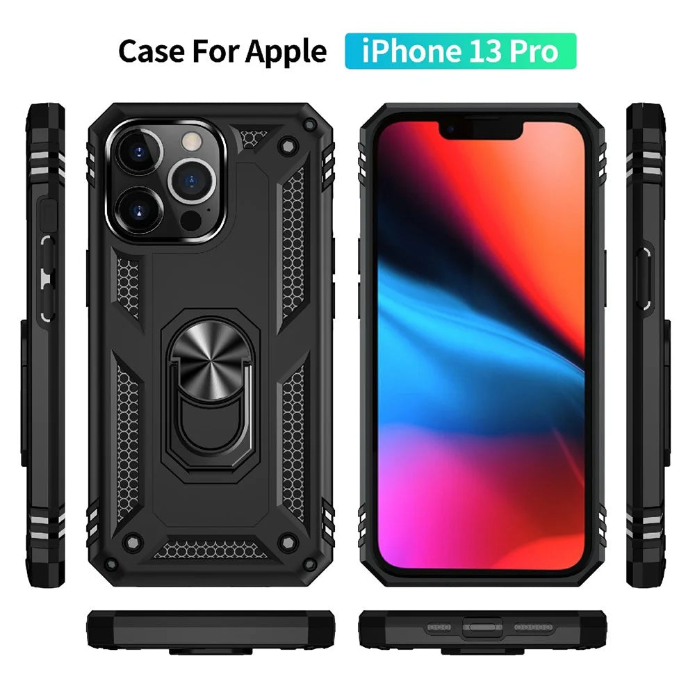 Military Grade PC TPU Shockproof Hybrid Cover for iPhone 13 Pro 6.1 inch with Rotary Ring Car Mount Kickstand - Black - 7