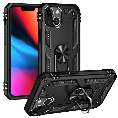 Military Grade Shockproof PC TPU Hybrid Phone Case for iPhone 13 mini 5.4 inch with Car Mount Rotary Ring Kickstand - Black - 1