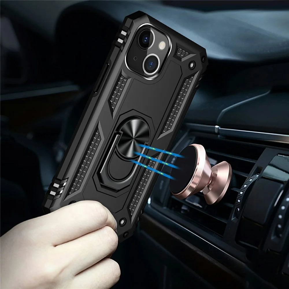 Military Grade Shockproof PC TPU Hybrid Phone Case for iPhone 13 mini 5.4 inch with Car Mount Rotary Ring Kickstand - Black - 3