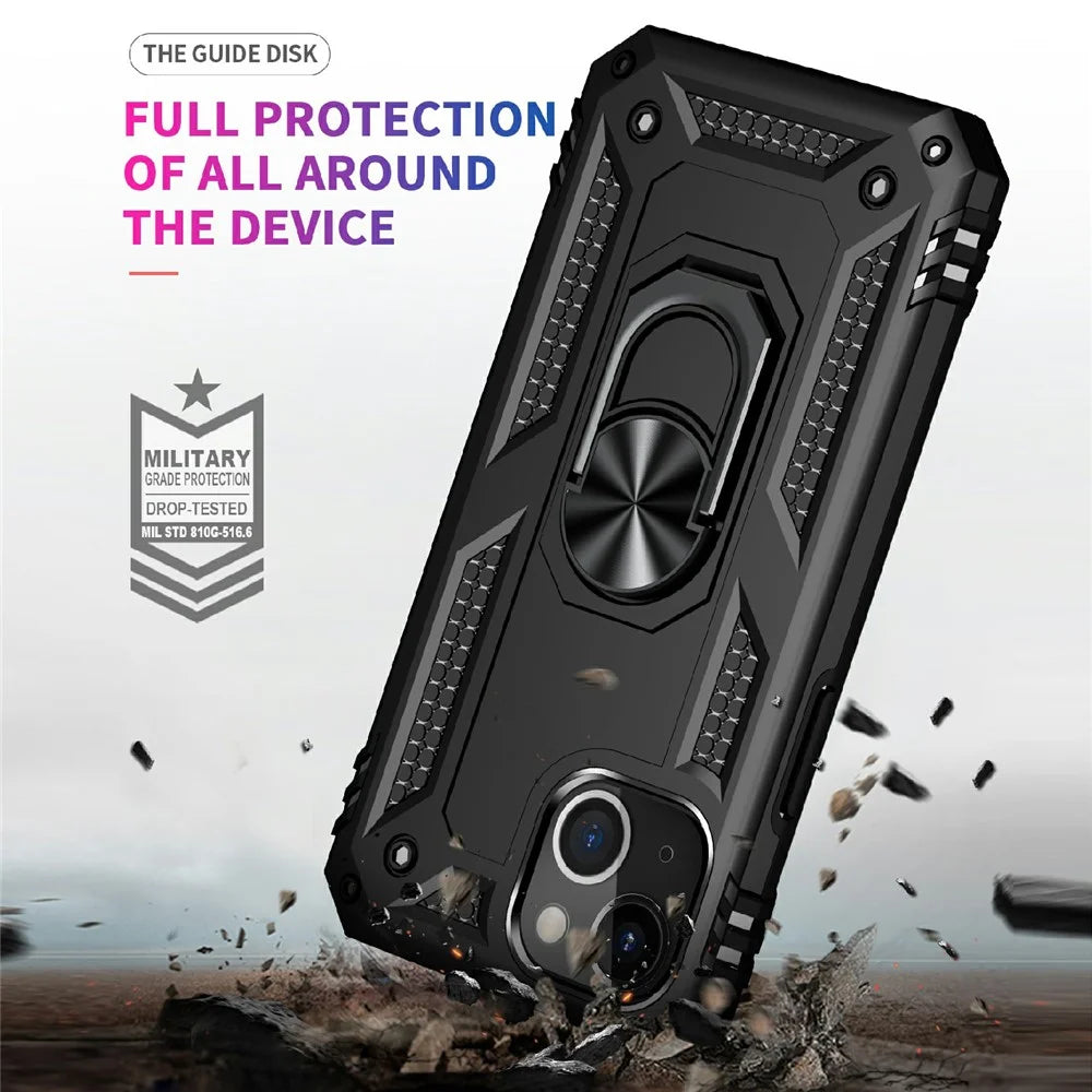 Military Grade Shockproof PC TPU Hybrid Phone Case for iPhone 13 mini 5.4 inch with Car Mount Rotary Ring Kickstand - Black - 4