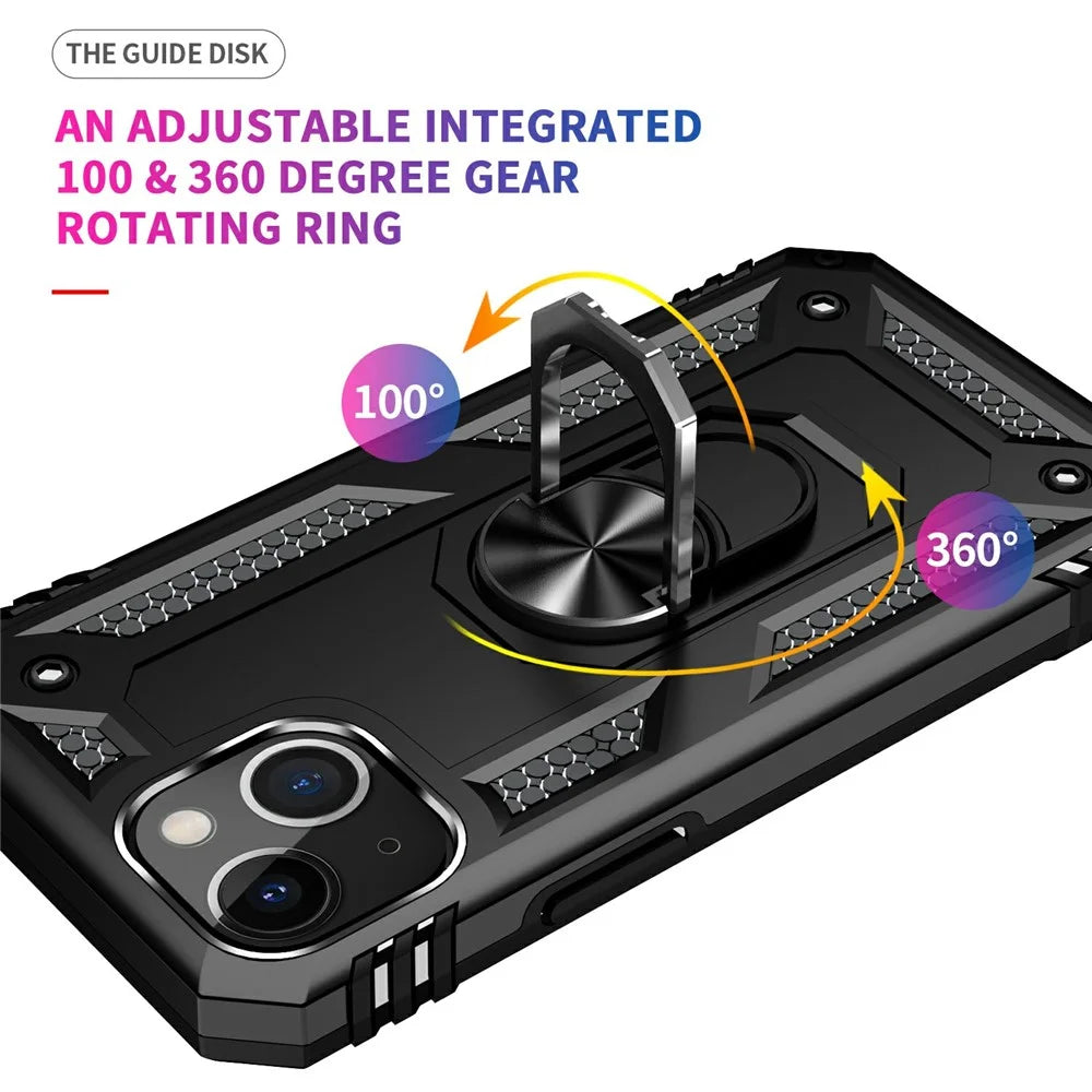 Military Grade Shockproof PC TPU Hybrid Phone Case for iPhone 13 mini 5.4 inch with Car Mount Rotary Ring Kickstand - Black - 5