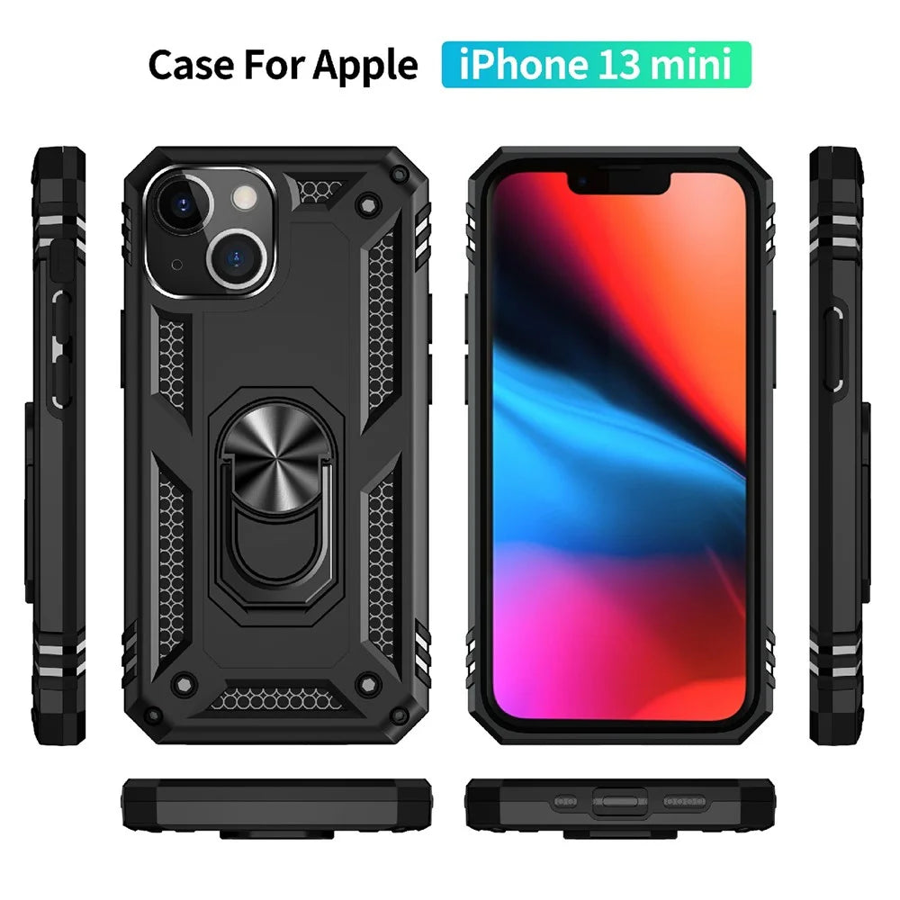Military Grade Shockproof PC TPU Hybrid Phone Case for iPhone 13 mini 5.4 inch with Car Mount Rotary Ring Kickstand - Black - 7