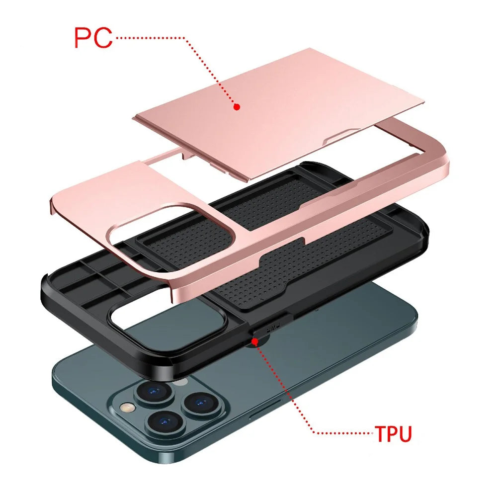 Well-protected Scratch-proof Slide Card Holder PC + TPU Hybrid Back Phone Case for iPhone 13 Pro 6.1 inch - Grey - 4