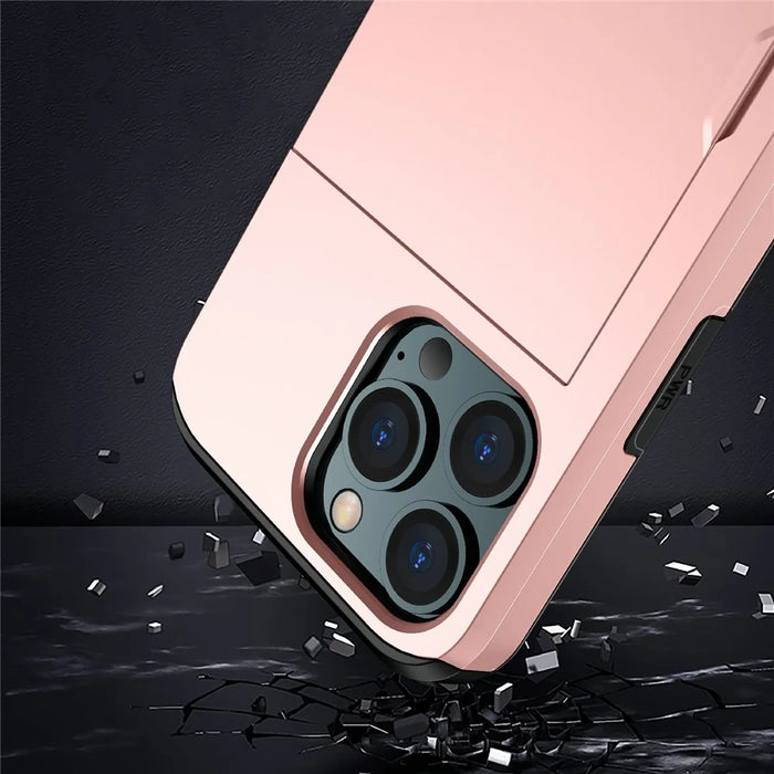 Dustproof Scratch-proof Slide Card Holder PC + TPU Hybrid Back Phone Case for iPhone 13 Pro Max 6.7 inch - Grey - 5