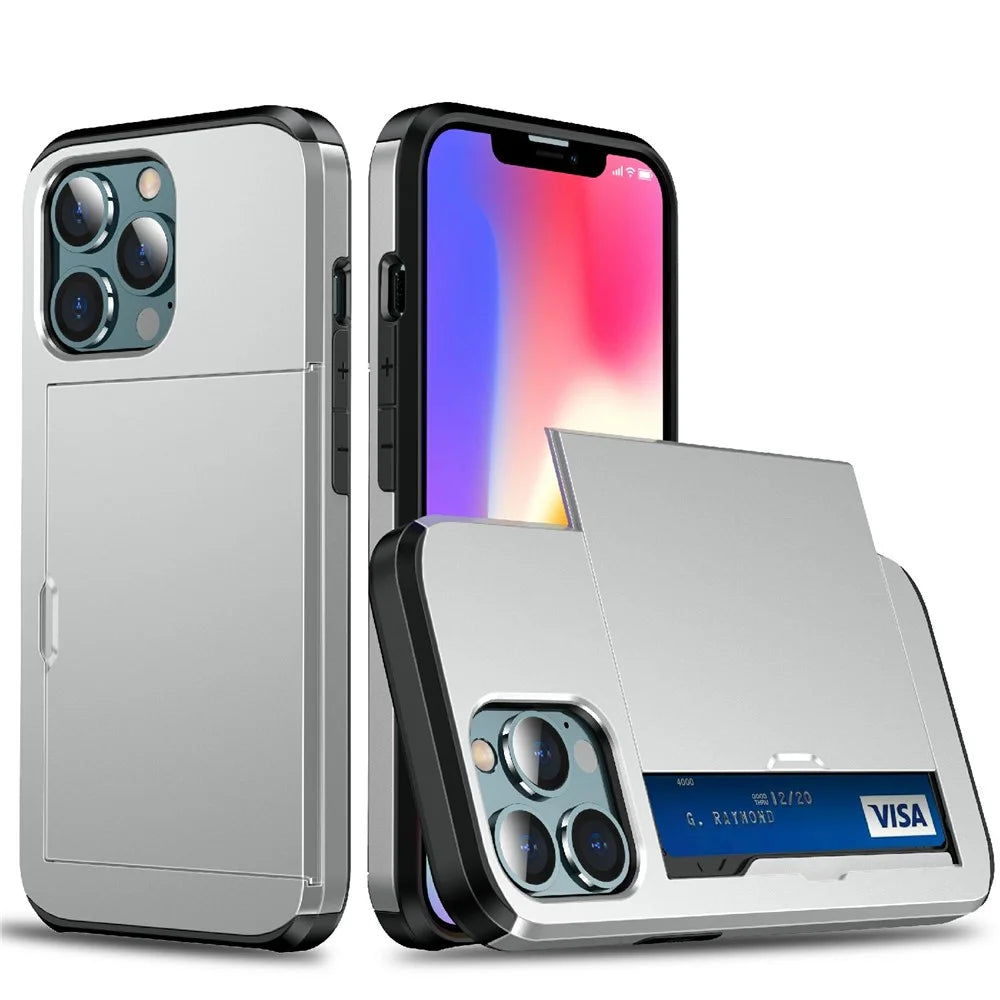 Slide Card Holder Anti-drop protective PC + TPU Hybrid Back Phone Case for iPhone 13 mini 5.4 inch - Grey - 1