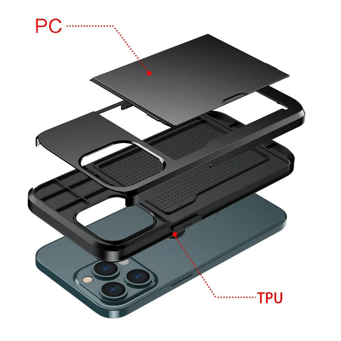 Slide Card Holder Anti-drop protective PC + TPU Hybrid Back Phone Case for iPhone 13 mini 5.4 inch - Grey - 6