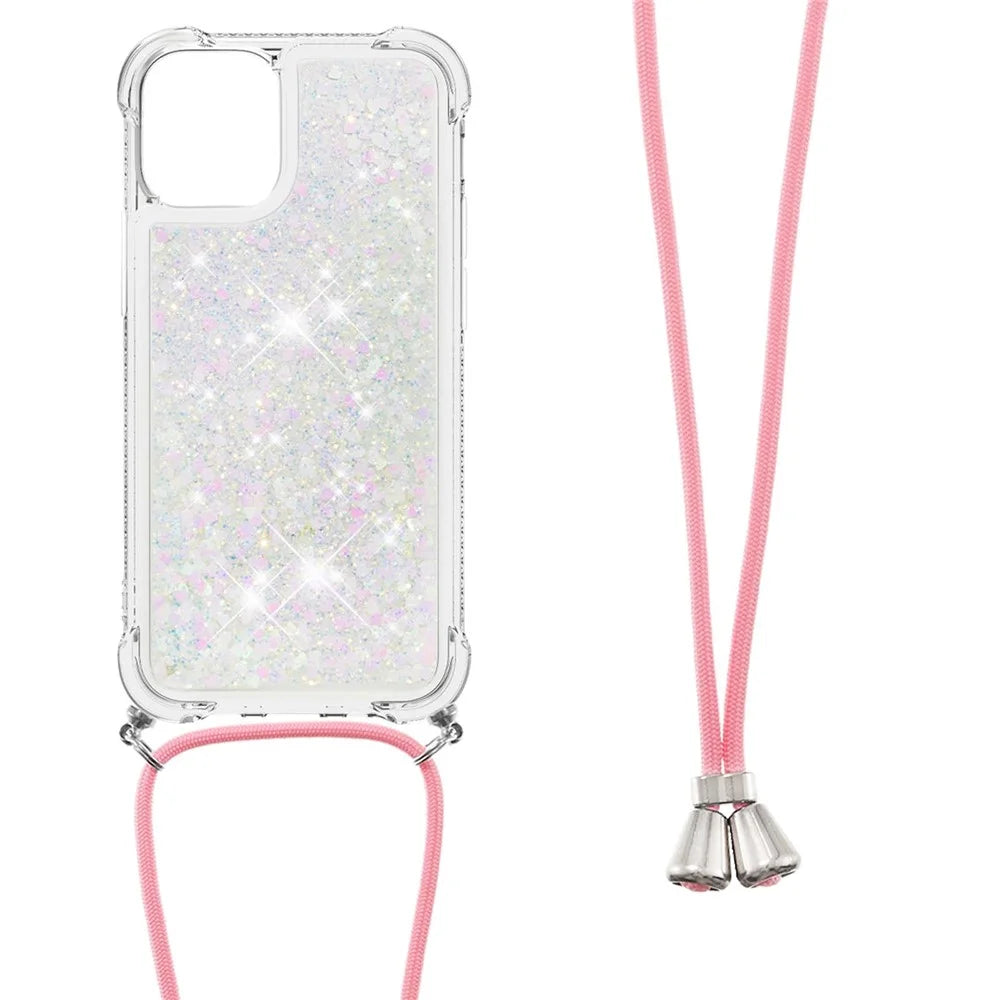 Anti-fall Quicksand Shiny Glitter Mobile Phone TPU Cover with Lanyard for iPhone 13 mini 5.4 inch - Shiny Hearts - 1