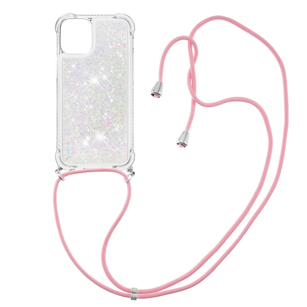 Anti-fall Quicksand Shiny Glitter Mobile Phone TPU Cover with Lanyard for iPhone 13 mini 5.4 inch - Shiny Hearts - 3