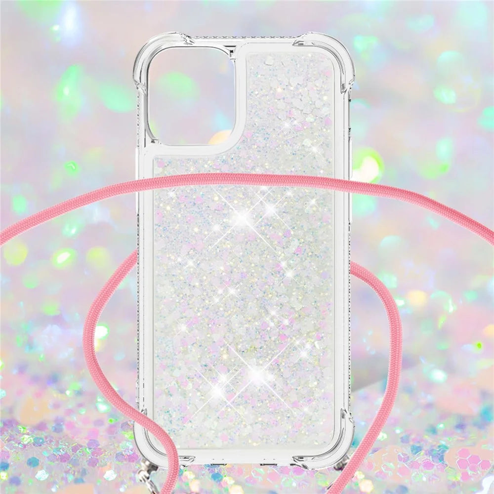 Anti-fall Quicksand Shiny Glitter Mobile Phone TPU Cover with Lanyard for iPhone 13 mini 5.4 inch - Shiny Hearts - 4