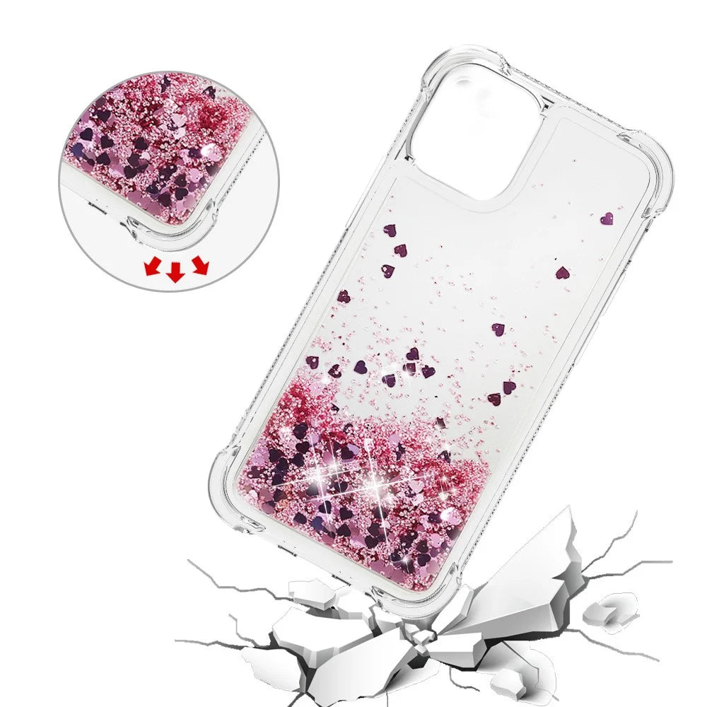 Drop-proof Glitter Sequins Moving Quicksand TPU Phone Case for iPhone 13 mini 5.4 inch - Rose Gold Hearts - 5