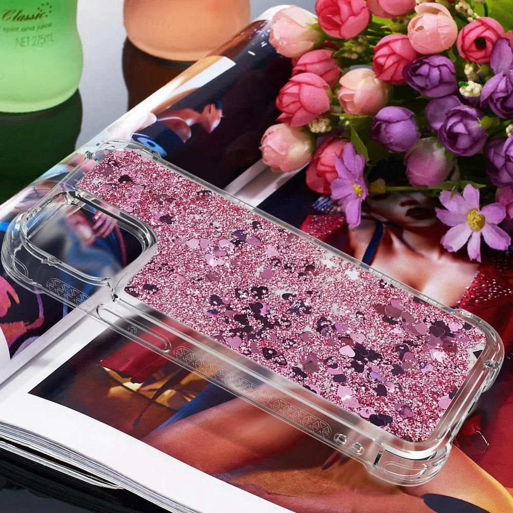 Drop-proof Glitter Sequins Moving Quicksand TPU Phone Case for iPhone 13 mini 5.4 inch - Rose Gold Hearts - 7