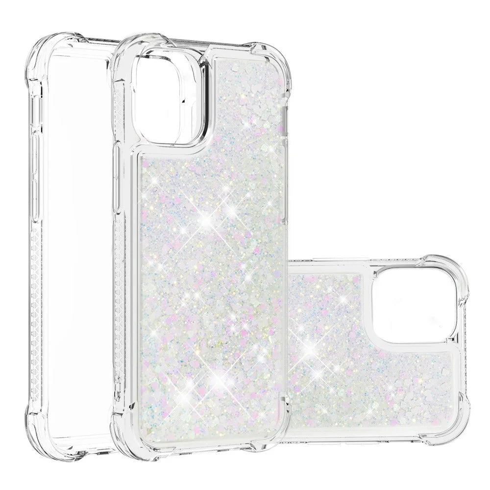 Liquid Quicksand Clear Soft TPU Bumper Shockproof Protective Cover for iPhone 13 Pro Max 6.7 inch - Shiny Hearts - 1