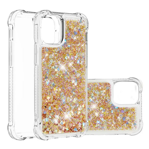 Glitter Bling Liquid Sparkle Fashion Flowing Quicksand TPU Case for iPhone 13 Pro 6.1 inch - Diamond Gold Hearts - 1