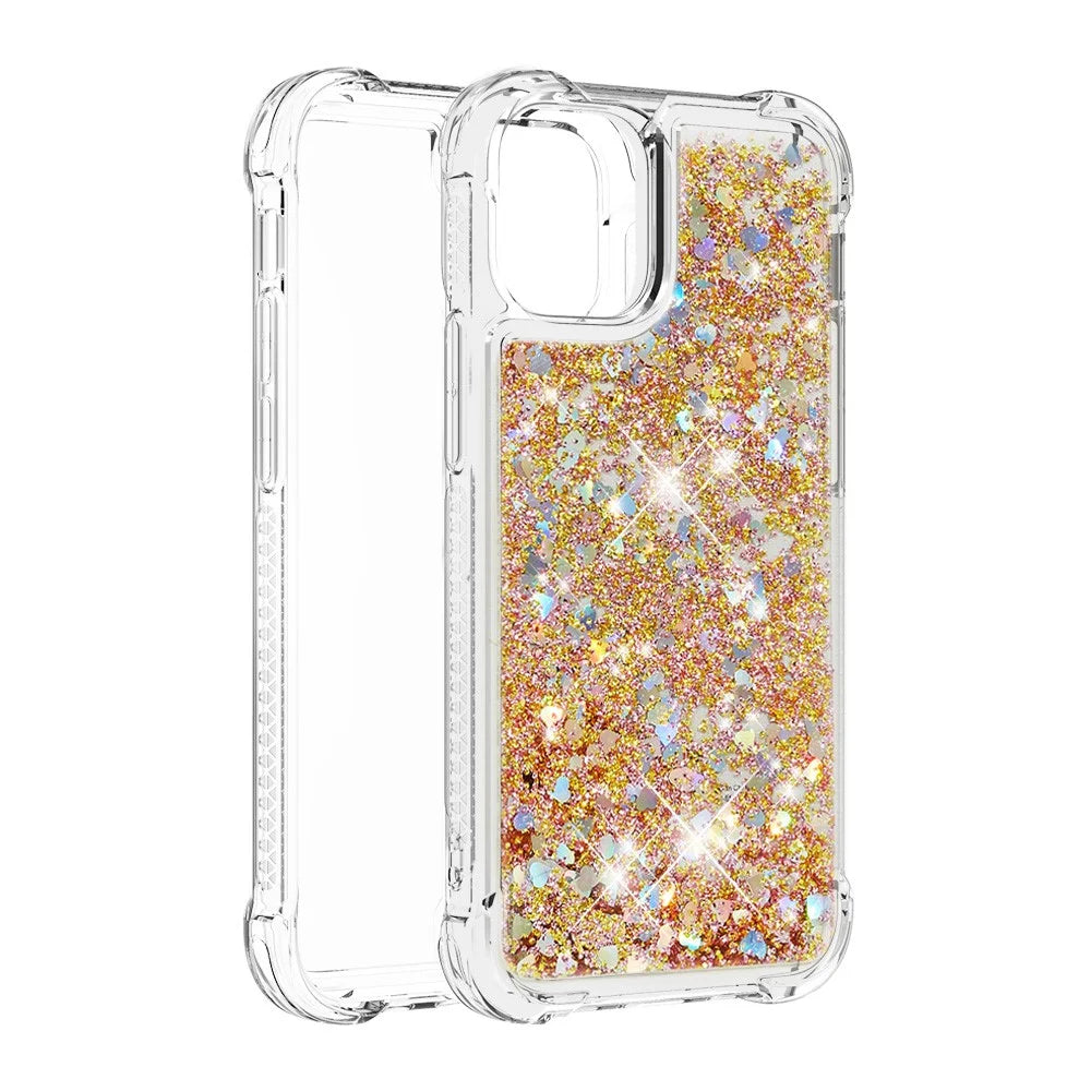 Glitter Bling Liquid Sparkle Fashion Flowing Quicksand TPU Case for iPhone 13 Pro 6.1 inch - Diamond Gold Hearts - 3