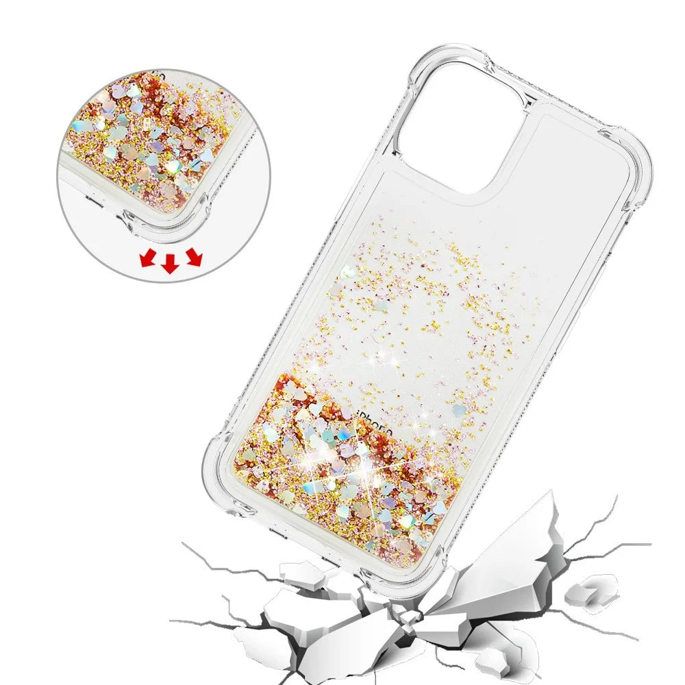 Glitter Bling Liquid Sparkle Fashion Flowing Quicksand TPU Case for iPhone 13 Pro 6.1 inch - Diamond Gold Hearts - 5