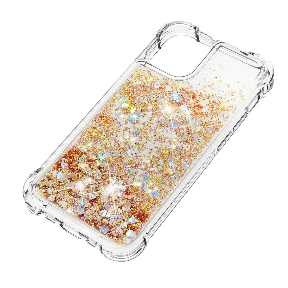 Glitter Bling Liquid Sparkle Fashion Flowing Quicksand TPU Case for iPhone 13 Pro 6.1 inch - Diamond Gold Hearts - 6