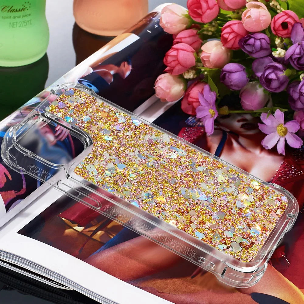 Glitter Bling Liquid Sparkle Fashion Flowing Quicksand TPU Case for iPhone 13 Pro 6.1 inch - Diamond Gold Hearts - 7