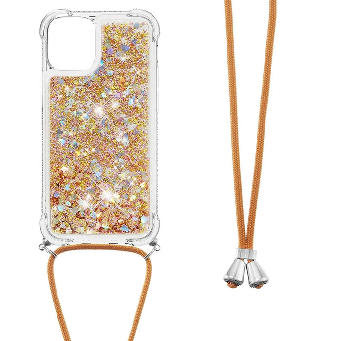 Quicksand Shiny Floating Glitter Flowing Liquid Shockproof Protective TPU Cover with Strap for iPhone 13 Pro 6.1 inch - Diamond Gold Hearts - 1