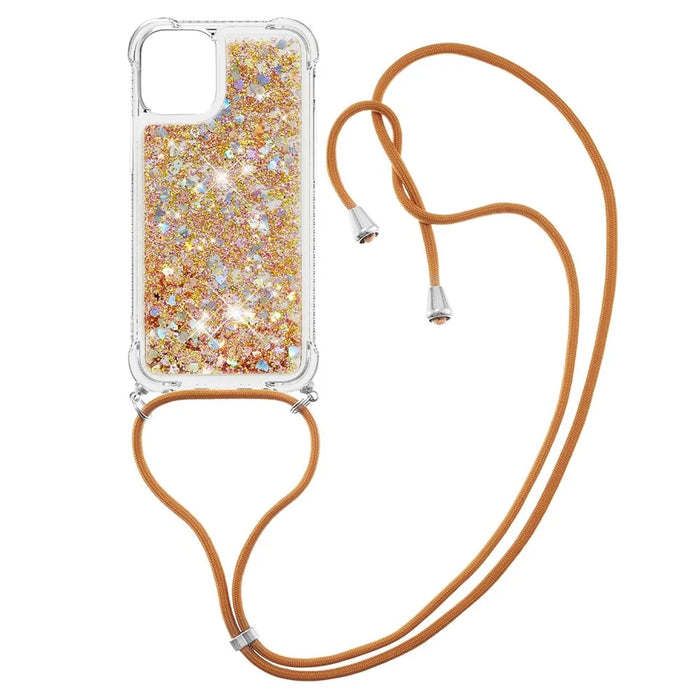 Quicksand Shiny Floating Glitter Flowing Liquid Shockproof Protective TPU Cover with Strap for iPhone 13 Pro 6.1 inch - Diamond Gold Hearts - 3