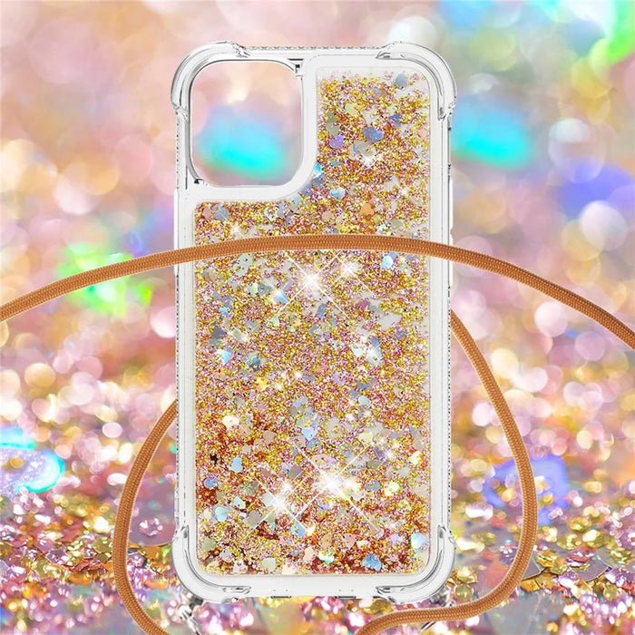 Quicksand Shiny Floating Glitter Flowing Liquid Shockproof Protective TPU Cover with Strap for iPhone 13 Pro 6.1 inch - Diamond Gold Hearts - 4