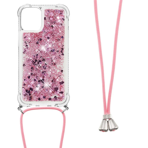 Sparkling Floating Liquid Quicksand Soft TPU Shockproof Protection Bumper Cover with Lanyard for iPhone 13 / 14 - Rose Gold Hearts - 1