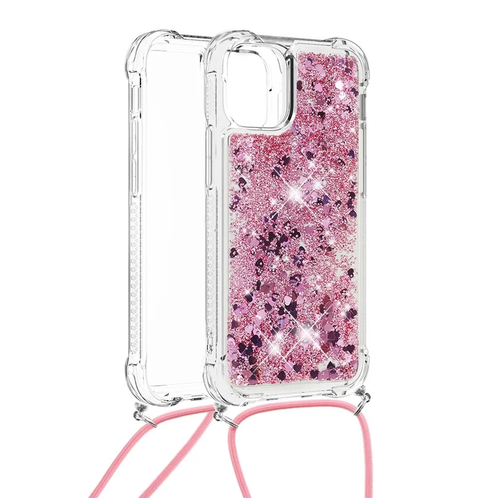 Sparkling Floating Liquid Quicksand Soft TPU Shockproof Protection Bumper Cover with Lanyard for iPhone 13 / 14 - Rose Gold Hearts - 2