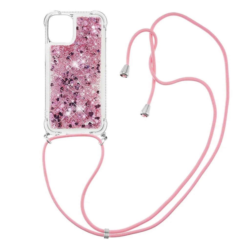 Sparkling Floating Liquid Quicksand Soft TPU Shockproof Protection Bumper Cover with Lanyard for iPhone 13 / 14 - Rose Gold Hearts - 3