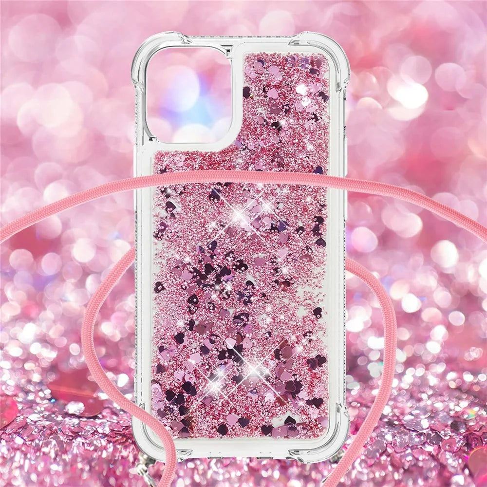 Sparkling Floating Liquid Quicksand Soft TPU Shockproof Protection Bumper Cover with Lanyard for iPhone 13 / 14 - Rose Gold Hearts - 4