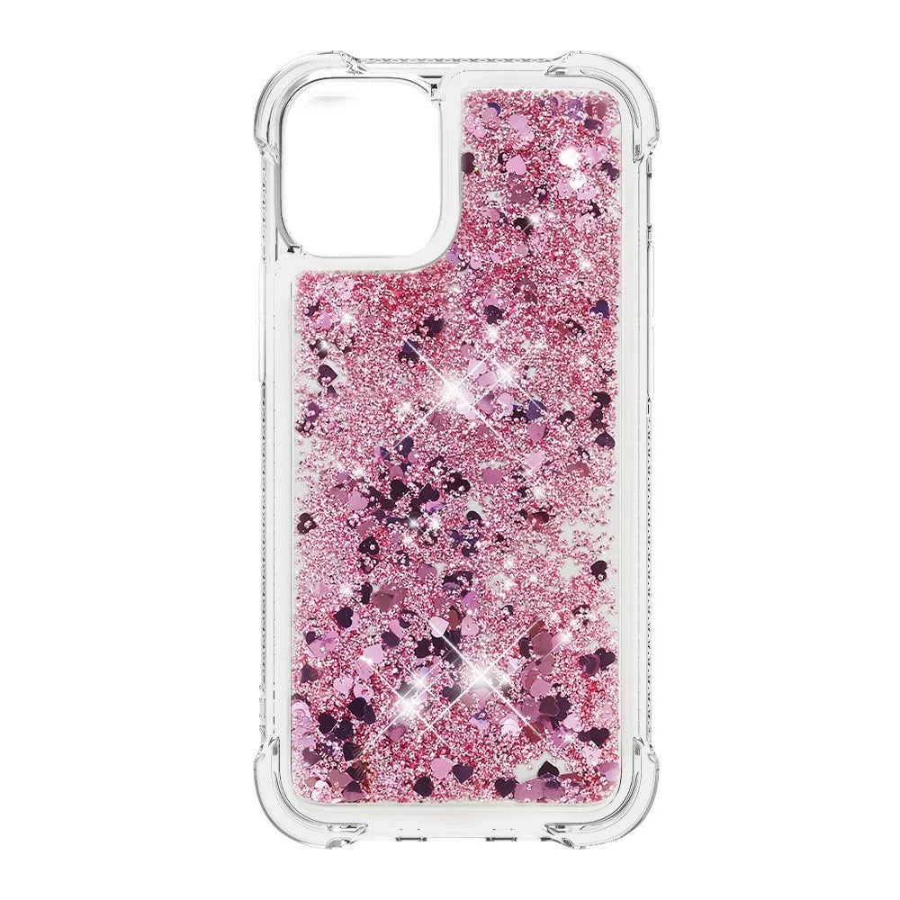 Luxury Fashion Design Moving Shiny Quicksand GlitterClear Soft TPUProtective Case Cover for iPhone 13 6.1 inch - Rose Gold Hearts - 2