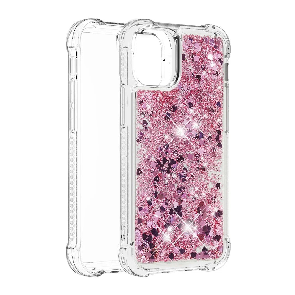 Luxury Fashion Design Moving Shiny Quicksand GlitterClear Soft TPUProtective Case Cover for iPhone 13 6.1 inch - Rose Gold Hearts - 3