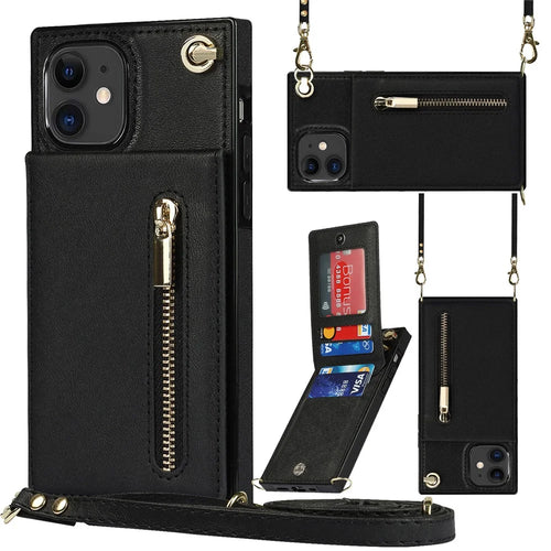 Vertical Flip Zipper Wallet Kickstand Design Leather Phone Hybrid Case with Lanyard for iPhone 11 6.1 inch - Black - 1