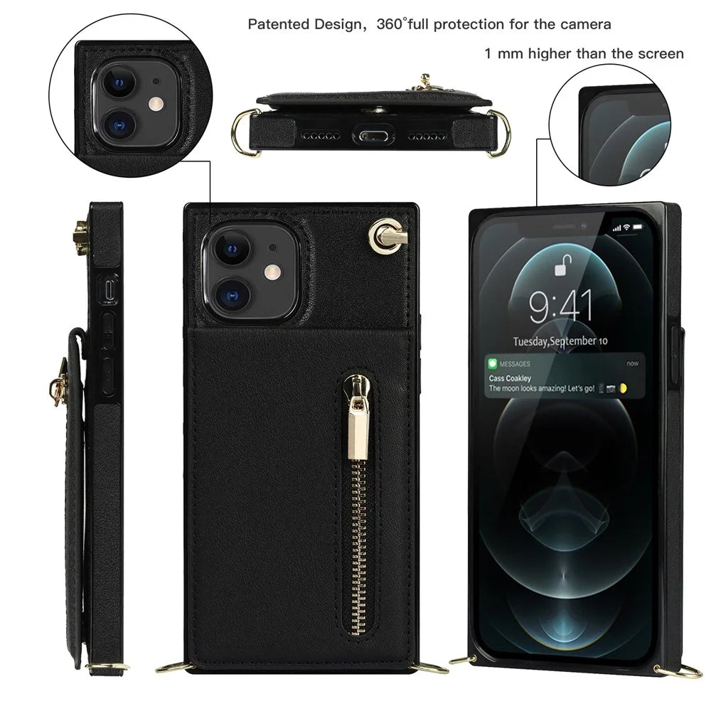 Vertical Flip Zipper Wallet Kickstand Design Leather Phone Hybrid Case with Lanyard for iPhone 11 6.1 inch - Black - 2