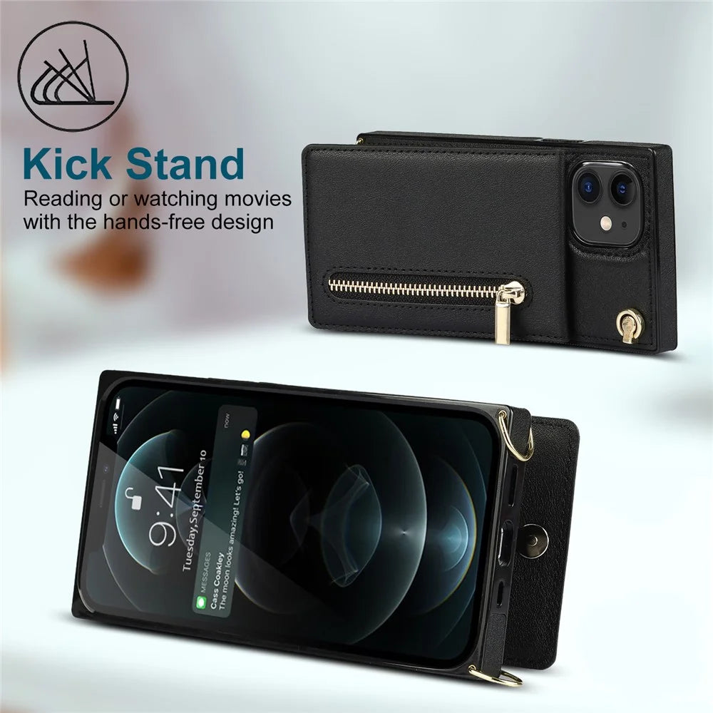 Vertical Flip Zipper Wallet Kickstand Design Leather Phone Hybrid Case with Lanyard for iPhone 11 6.1 inch - Black - 3