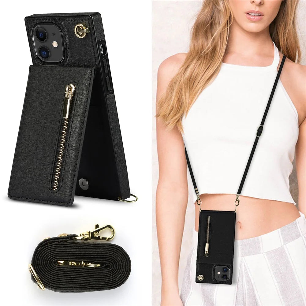 Vertical Flip Zipper Wallet Kickstand Design Leather Phone Hybrid Case with Lanyard for iPhone 11 6.1 inch - Black - 4