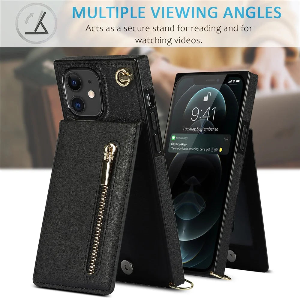 Vertical Flip Zipper Wallet Kickstand Design Leather Phone Hybrid Case with Lanyard for iPhone 11 6.1 inch - Black - 6