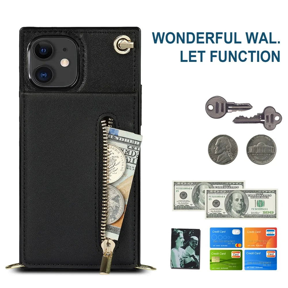 Vertical Flip Zipper Wallet Kickstand Design Leather Phone Hybrid Case with Lanyard for iPhone 11 6.1 inch - Black - 7