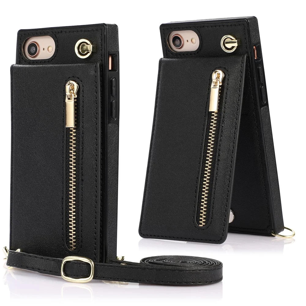 Vertical Flip Kickstand Design PU Leather Coated TPU Phone Hybrid Case with Lanyard for iPhone 7 4.7 inch/8 4.7 inch/SE (2020)/SE (2022) - Black - 1