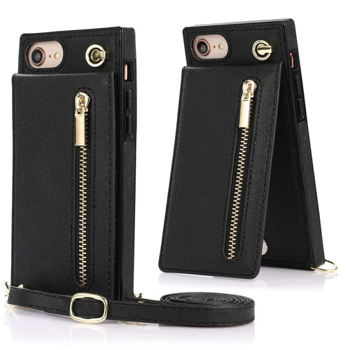 Vertical Flip Kickstand Design PU Leather Coated TPU Phone Hybrid Case with Lanyard for iPhone 7 4.7 inch/8 4.7 inch/SE (2020)/SE (2022) - Black - 1