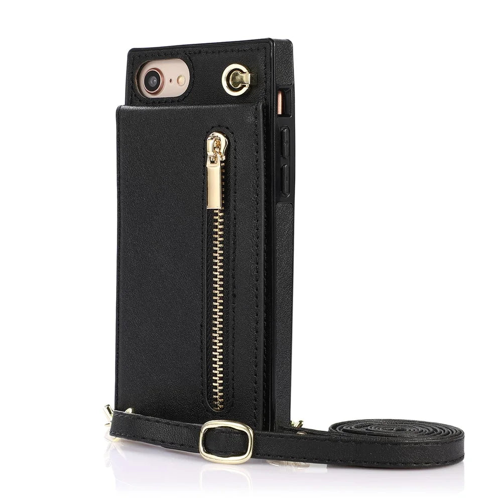 Vertical Flip Kickstand Design PU Leather Coated TPU Phone Hybrid Case with Lanyard for iPhone 7 4.7 inch/8 4.7 inch/SE (2020)/SE (2022) - Black - 2