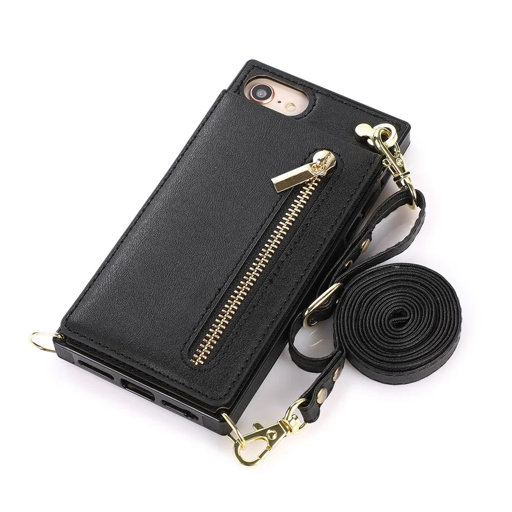 Vertical Flip Kickstand Design PU Leather Coated TPU Phone Hybrid Case with Lanyard for iPhone 7 4.7 inch/8 4.7 inch/SE (2020)/SE (2022) - Black - 3
