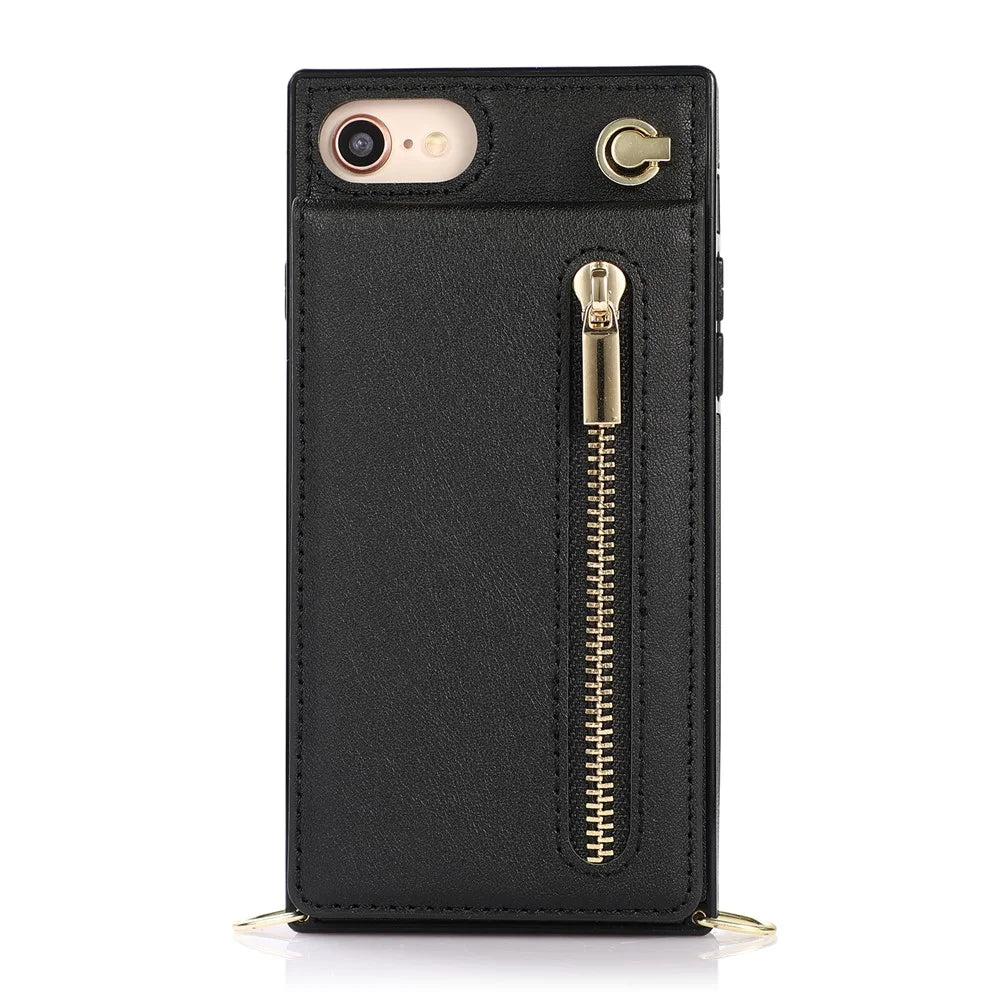Vertical Flip Kickstand Design PU Leather Coated TPU Phone Hybrid Case with Lanyard for iPhone 7 4.7 inch/8 4.7 inch/SE (2020)/SE (2022) - Black - 4